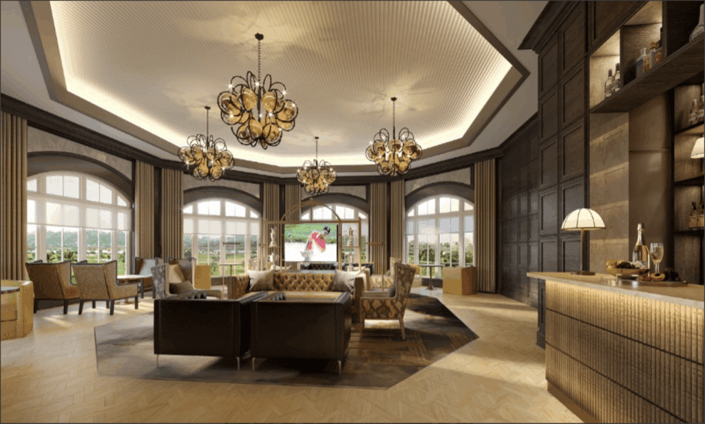 Ornate sitting room with vintage chandelier and plush seating.